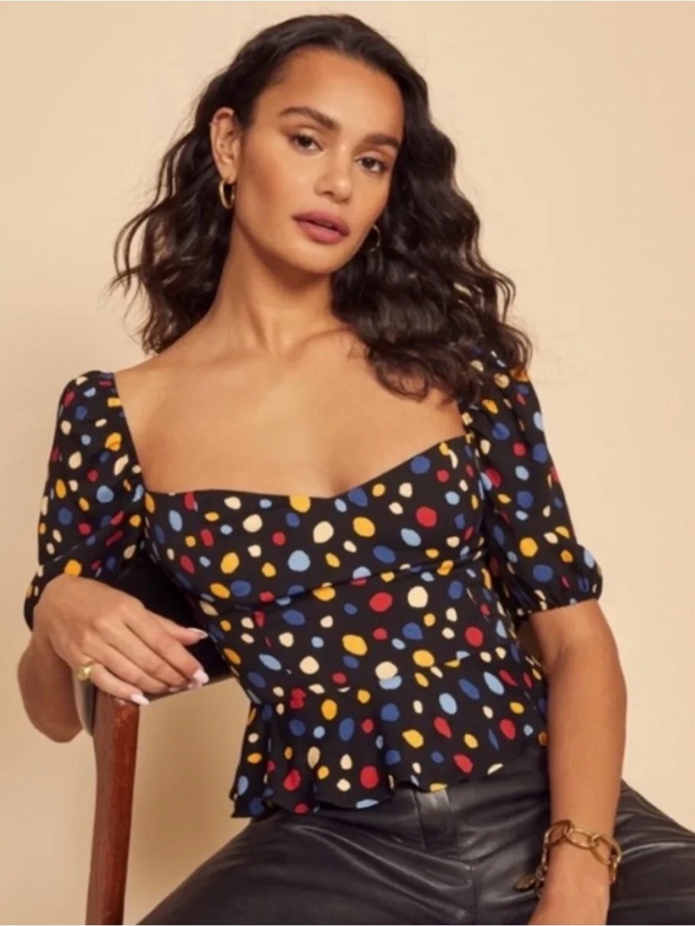 Reformation Aimee Fiesta Polka Dot Puff Sleeve Peplum Top Size 4